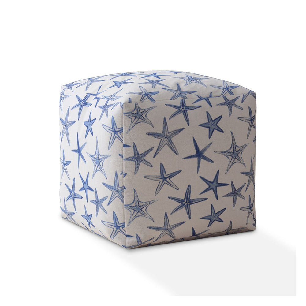 Homeroots 17" Blue And White Canvas Stars Pouf Ottoman   518369