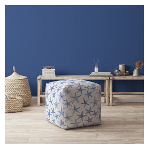 Homeroots 17" Blue And White Canvas Stars Pouf Ottoman   518369
