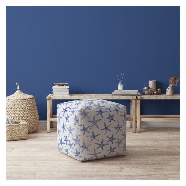 Homeroots 17" Blue And White Canvas Stars Pouf Ottoman   518369
