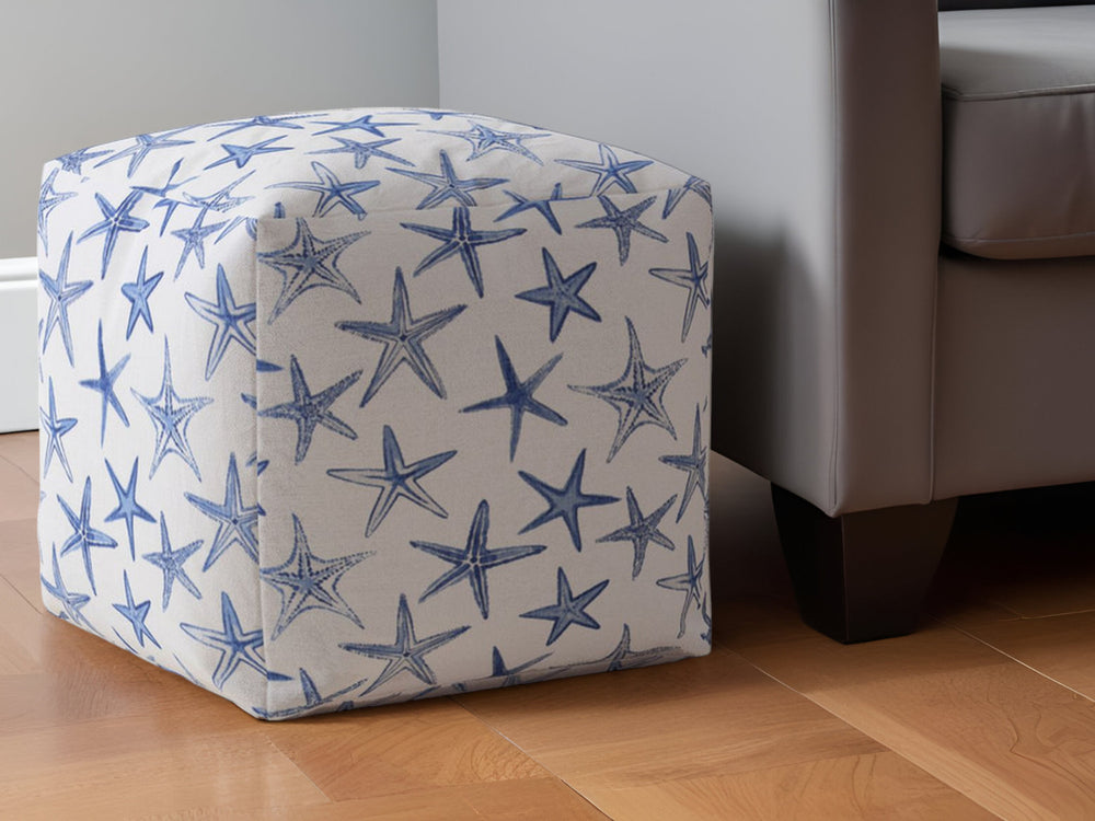 Homeroots 17" Blue And White Canvas Stars Pouf Ottoman   518369