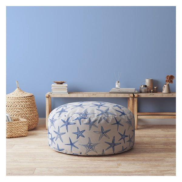 Homeroots 24" Blue And White Canvas Round Abstract Pouf Ottoman   518370