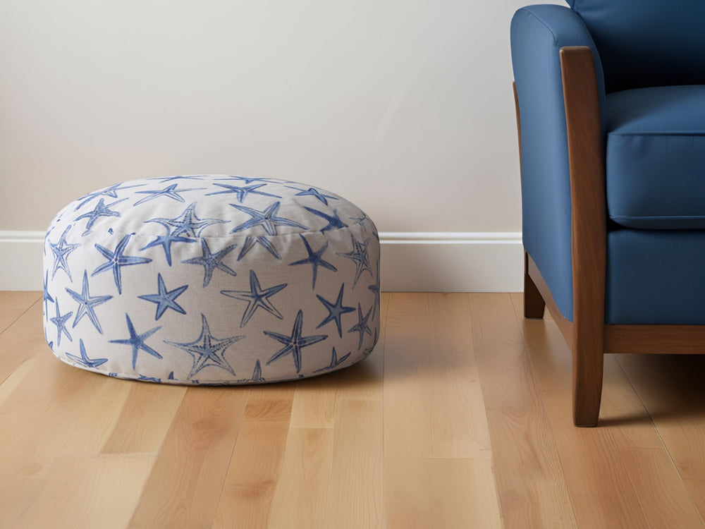 Homeroots 24" Blue And White Canvas Round Abstract Pouf Ottoman   518370