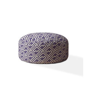 Homeroots 24" Purple And White Cotton Round Damask Pouf Ottoman   518372