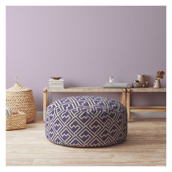 Homeroots 24" Purple And White Cotton Round Damask Pouf Ottoman   518372