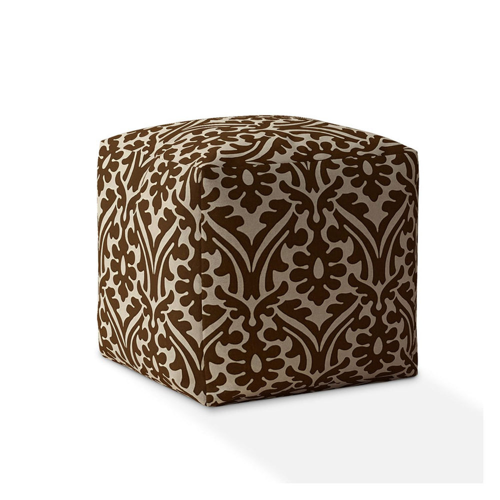Homeroots 17" Brown Cotton Damask Pouf Ottoman   518375