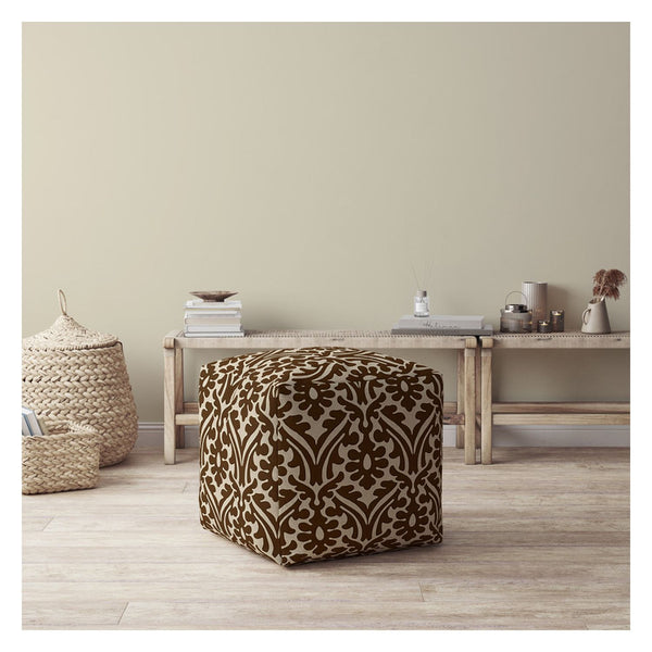 Homeroots 17" Brown Cotton Damask Pouf Ottoman   518375