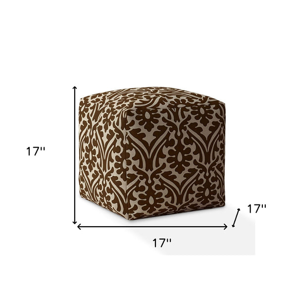 Homeroots 17" Brown Cotton Damask Pouf Ottoman   518375