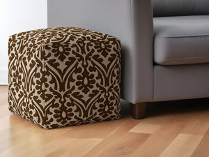 Homeroots 17" Brown Cotton Damask Pouf Ottoman   518375