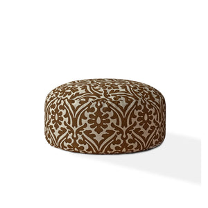 Homeroots 24" Brown Cotton Round Damask Pouf Ottoman   518376