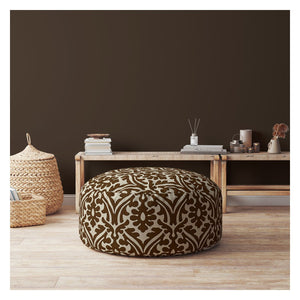 Homeroots 24" Brown Cotton Round Damask Pouf Ottoman   518376