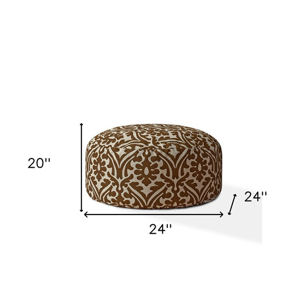 Homeroots 24" Brown Cotton Round Damask Pouf Ottoman   518376