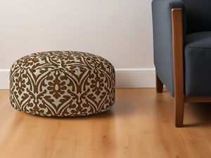 Homeroots 24" Brown Cotton Round Damask Pouf Ottoman   518376