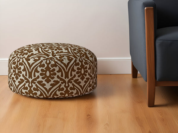 Homeroots 24" Brown Cotton Round Damask Pouf Ottoman   518376