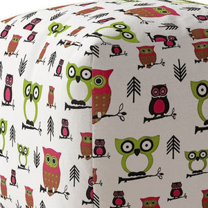 Homeroots 17" Green And White Cotton Owls Pouf Ottoman   518377