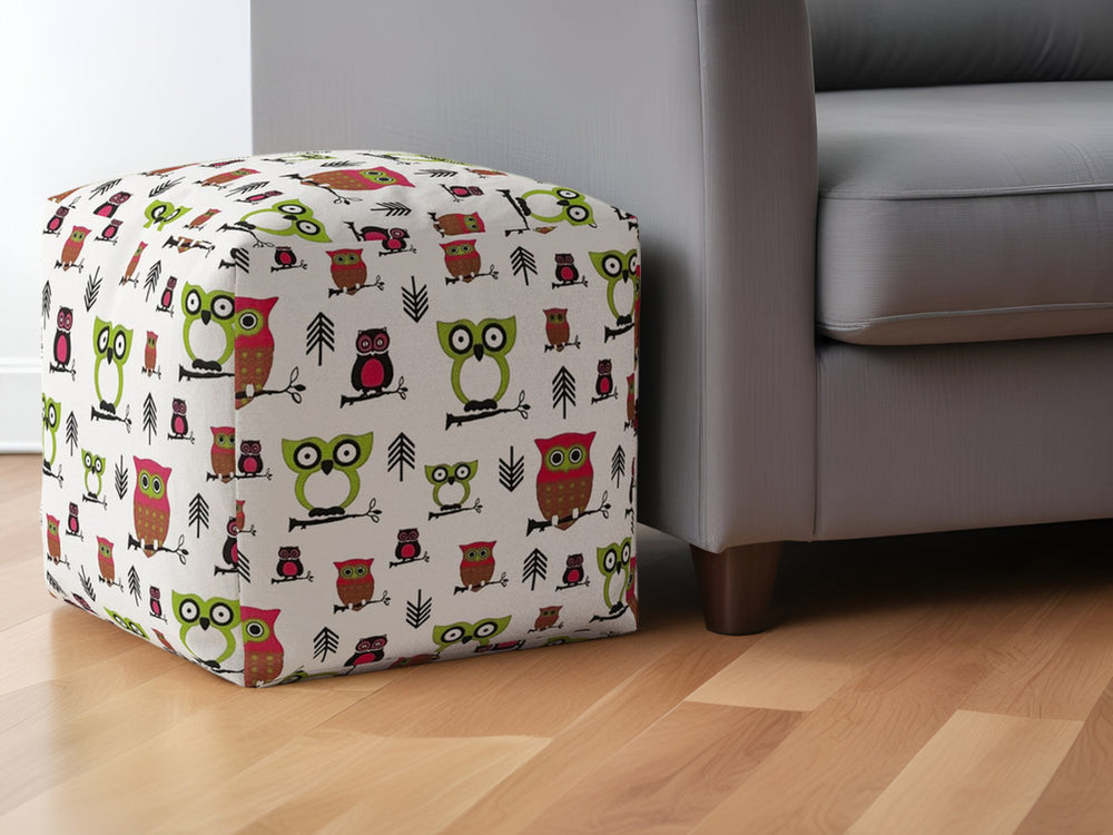 Homeroots 17" Green And White Cotton Owls Pouf Ottoman   518377