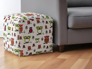 Homeroots 17" Green And White Cotton Owls Pouf Ottoman   518377