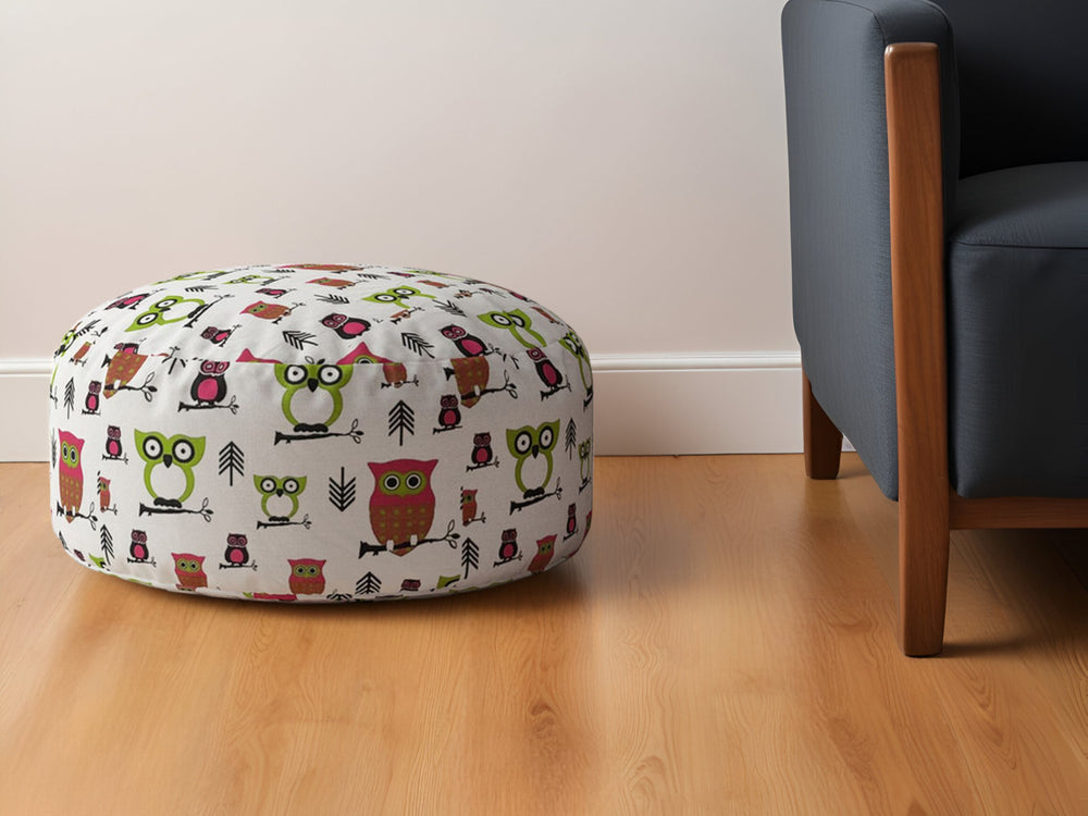 Homeroots 24" Green And White Cotton Round Owls Pouf Ottoman   518378