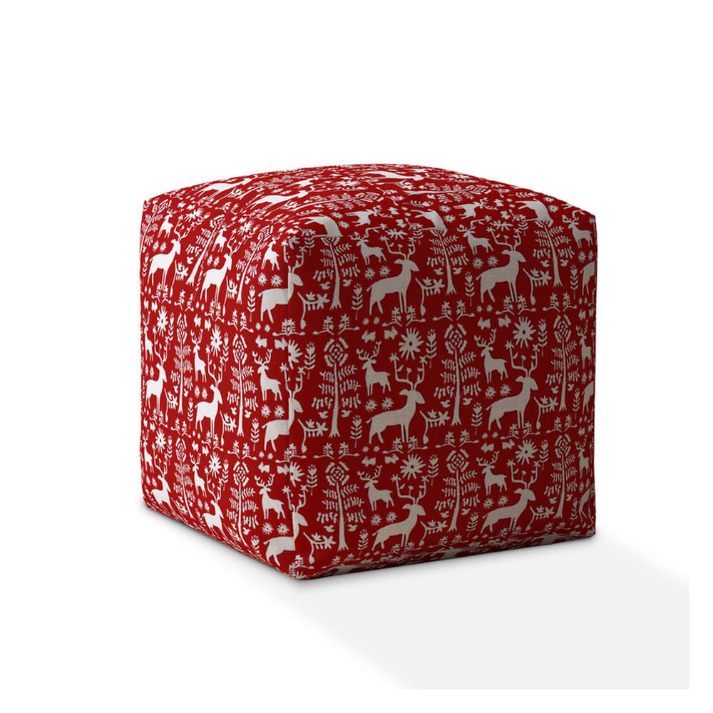 Homeroots 17" Red And White Cotton Stag Pouf Ottoman   518379