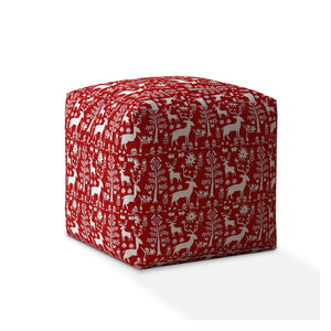 Homeroots 17" Red And White Cotton Stag Pouf Ottoman   518379