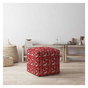 Homeroots 17" Red And White Cotton Stag Pouf Ottoman   518379