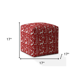 Homeroots 17" Red And White Cotton Stag Pouf Ottoman   518379