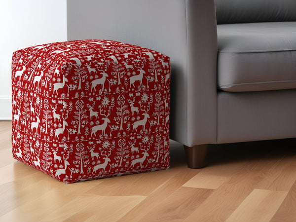 Homeroots 17" Red And White Cotton Stag Pouf Ottoman   518379
