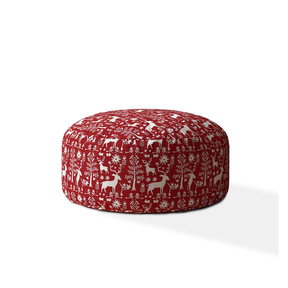 Homeroots 24" Red And White Cotton Round Stag Pouf Ottoman   518380