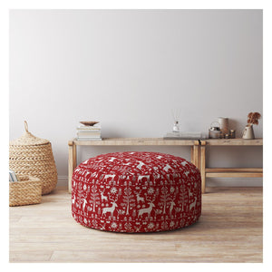 Homeroots 24" Red And White Cotton Round Stag Pouf Ottoman   518380