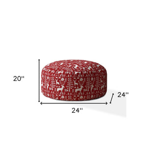 Homeroots 24" Red And White Cotton Round Stag Pouf Ottoman   518380