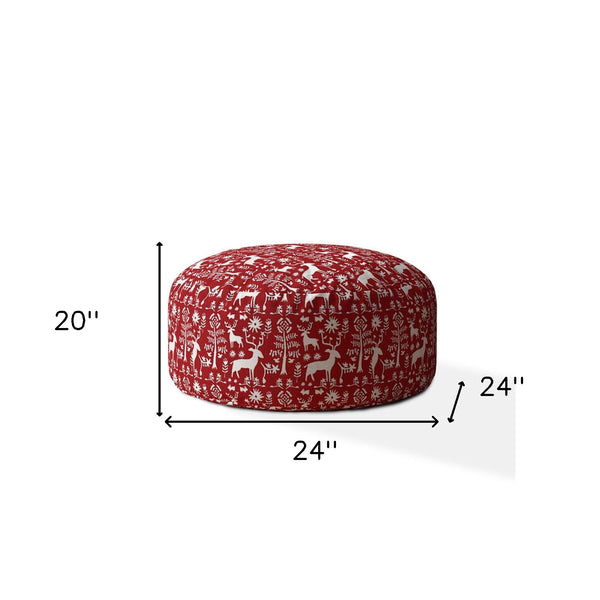Homeroots 24" Red And White Cotton Round Stag Pouf Ottoman   518380