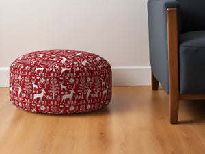 Homeroots 24" Red And White Cotton Round Stag Pouf Ottoman   518380
