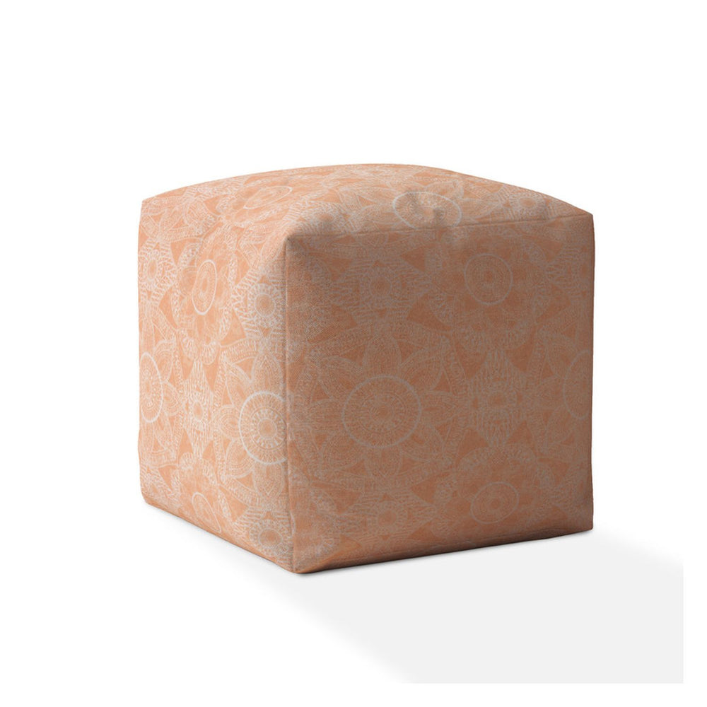 Homeroots 17" Orange Cotton Floral Pouf Ottoman   518381