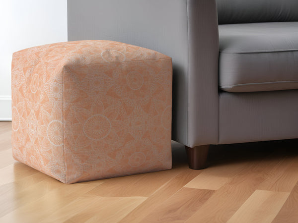 Homeroots 17" Orange Cotton Floral Pouf Ottoman   518381