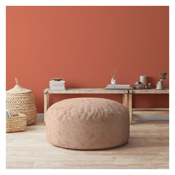 Homeroots 24" Orange Cotton Round Floral Pouf Ottoman   518382
