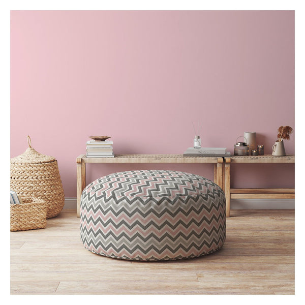Homeroots 24" Gray Twill Round Chevron Pouf Ottoman   518384