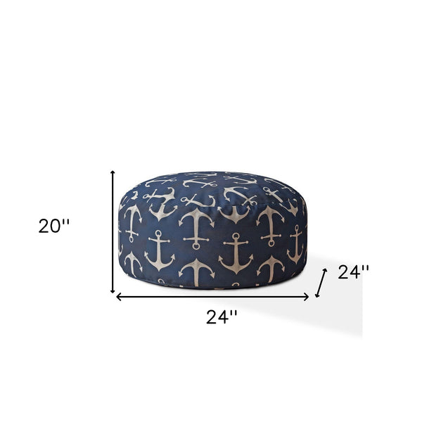 Homeroots 24" Blue Twill Round Anchor Pouf Cover Navy,White  518386