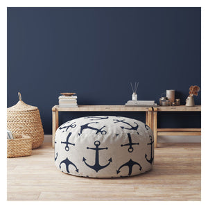 Homeroots 24" Blue Canvas Round Anchor Pouf Cover   518388