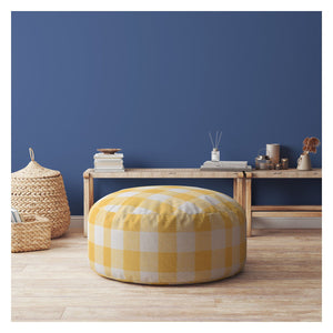 Homeroots 24" Yellow And White Canvas Round Gingham Pouf Cover Yellow,White  518390