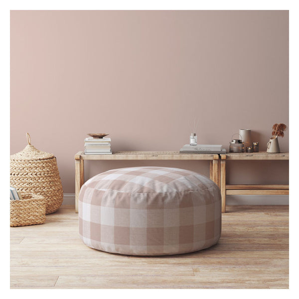 Homeroots 24" Pink And White Cotton Round Gingham Pouf Cover   518392