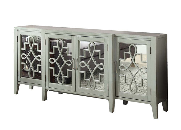 English Elm Kacia Antique Gray Console Cabinet with Mirrored Ornamental Doors, 4-Door Storage, Solid Wood Legs B2726P277146
