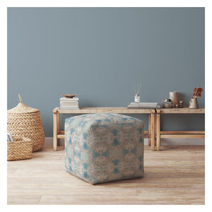 Homeroots 17" Blue Cotton Ikat Pouf Cover   518405