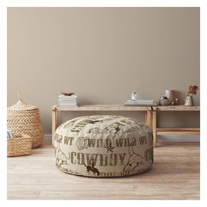 Homeroots 24" Brown Cotton Round Cowboy Pouf Cover   518436