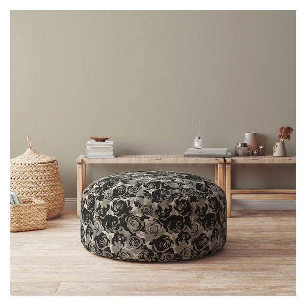 Homeroots 24" Beige Canvas Round Floral Pouf Cover   518448