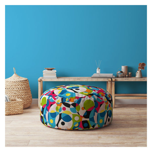 Homeroots 24" Blue And White Cotton Round Patchwork Pouf Cover   518482
