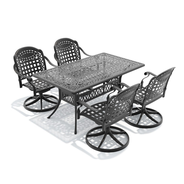 English Elm 5-piece Cast Aluminum Outdoor Dining Set with Swivel Chairs and Carved Patio Table W1710S00351