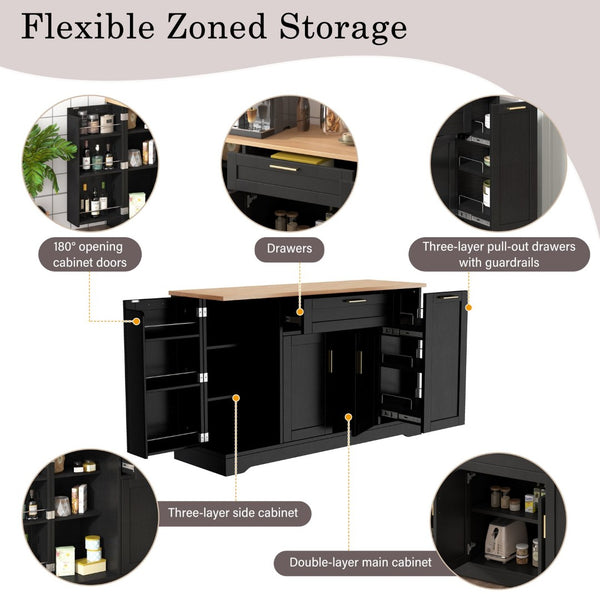 English Elm Trexm Multifunctional Sideboard with Pull Out Bottle Rack Adjustable Shelves Kitchen Storage Black XW000026AAB