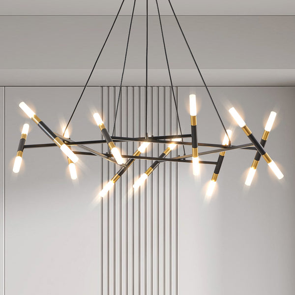 English Elm 41" Black & Golden Modern Chandelier — 20-Light Branch Pendant with Frosted Acrylic Tubes, Adjustable Height, G9 Bulbs W1340P233171