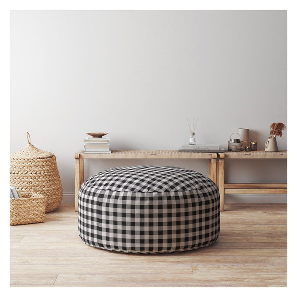 Homeroots 24" Black And Gray Cotton Round Gingham Pouf Cover   518500