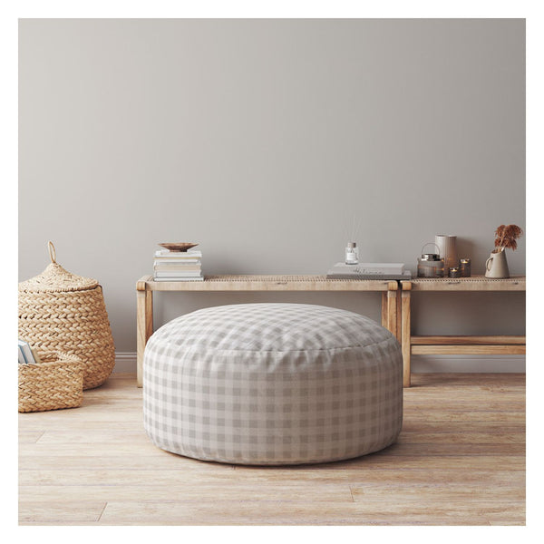 Homeroots 24" Gray Cotton Round Gingham Pouf Cover Grey,White  518502