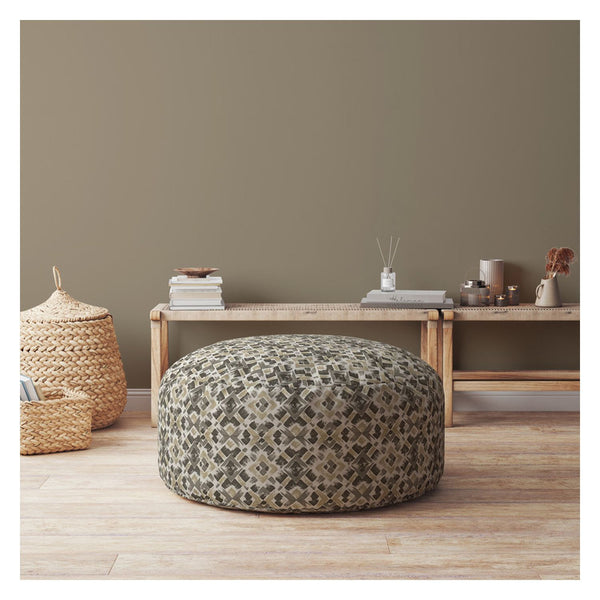 Homeroots 24" Beige Cotton Round Geometric Pouf Cover   518510